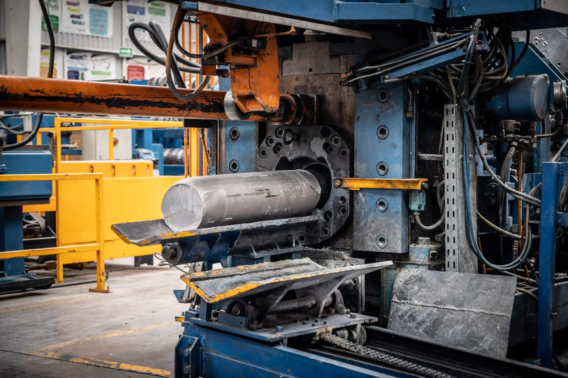 Prensa industrial durante la extrusión de un billet de aluminio