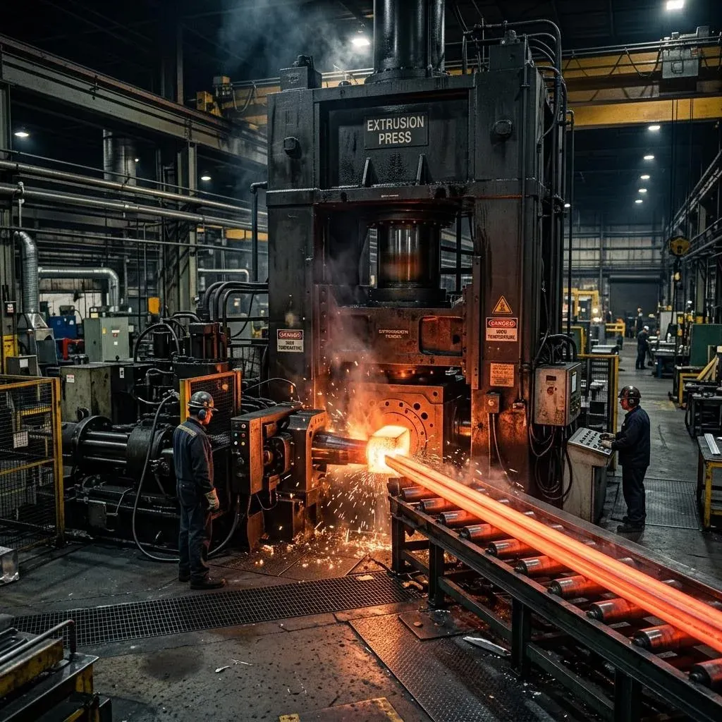 Billet de aluminio calentado entrando en una prensa industrial de extrusión